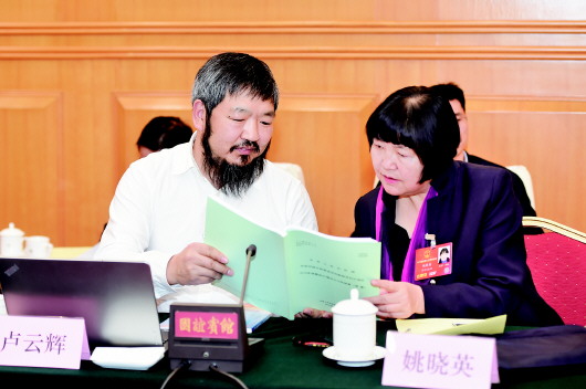 卢云辉代表(左)和姚晓英代表(右)在审查计划报告和预算报告时交流。