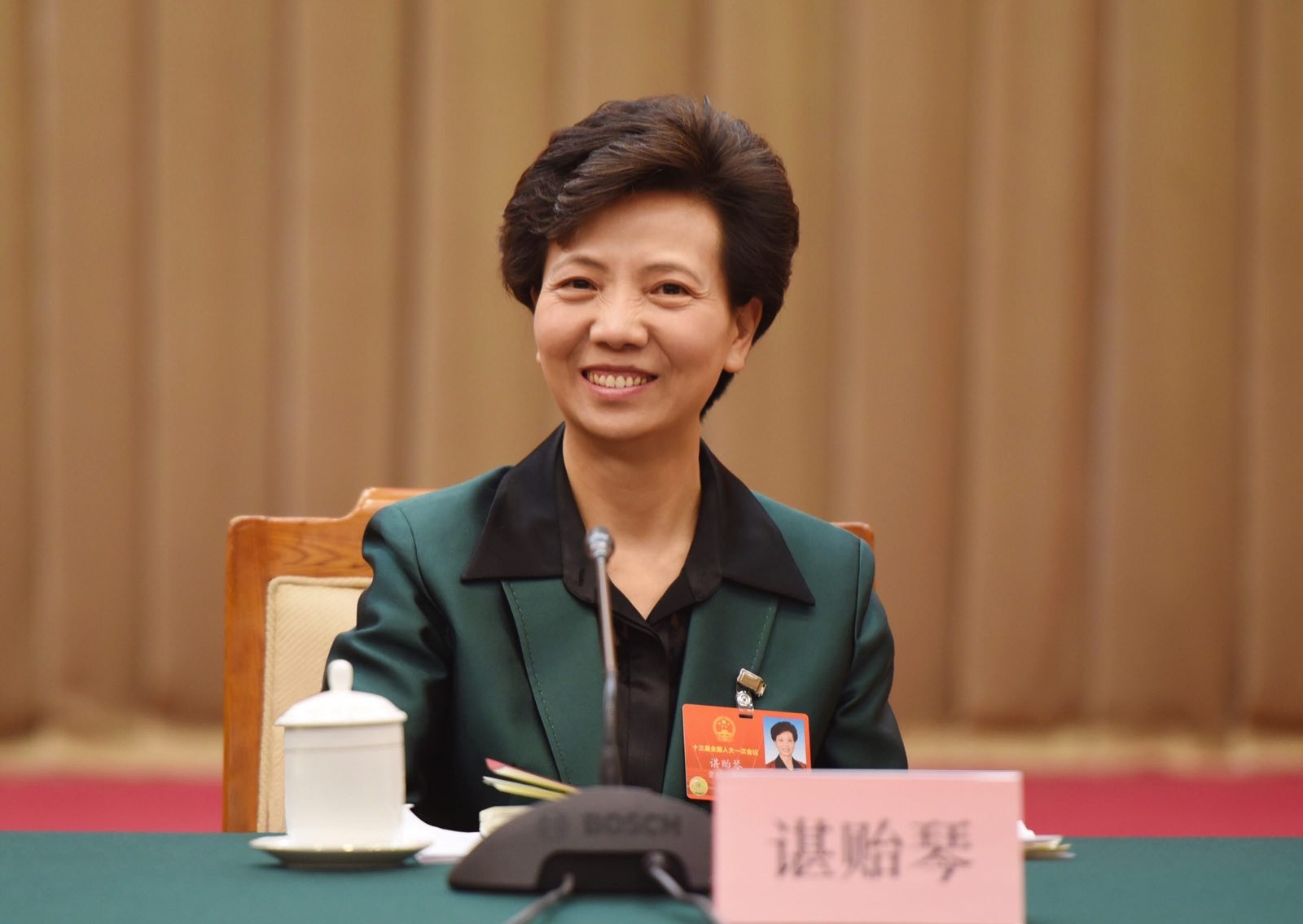3月12日，出席十三届全国人大一次会议的贵州代表团审议张德江委员长所作的全国人大常委会工作报告。图为全国人大代表、省委副书记、省长谌贻琴参加审议并发言。 邓刚 摄