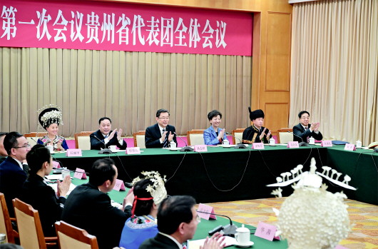 十三届全国人大一次会议贵州省代表团全体会议现场。