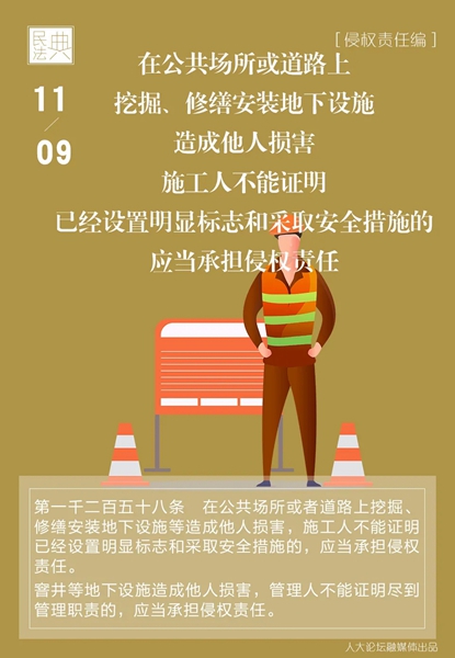 每日读“典” | 在公共场所或道路上挖掘、修缮安装地下设施造成他人损害，不能证明已设置明显标志和采取安全措施的，应当承担侵权责任